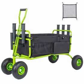 Fishing Cart Beach Cart Collapsible Wagon 9.85'' All-Terrain Wheels for Sand, Heavy Duty Garden Cart with Rod Holders,Umbrella Holder and Storage Poc